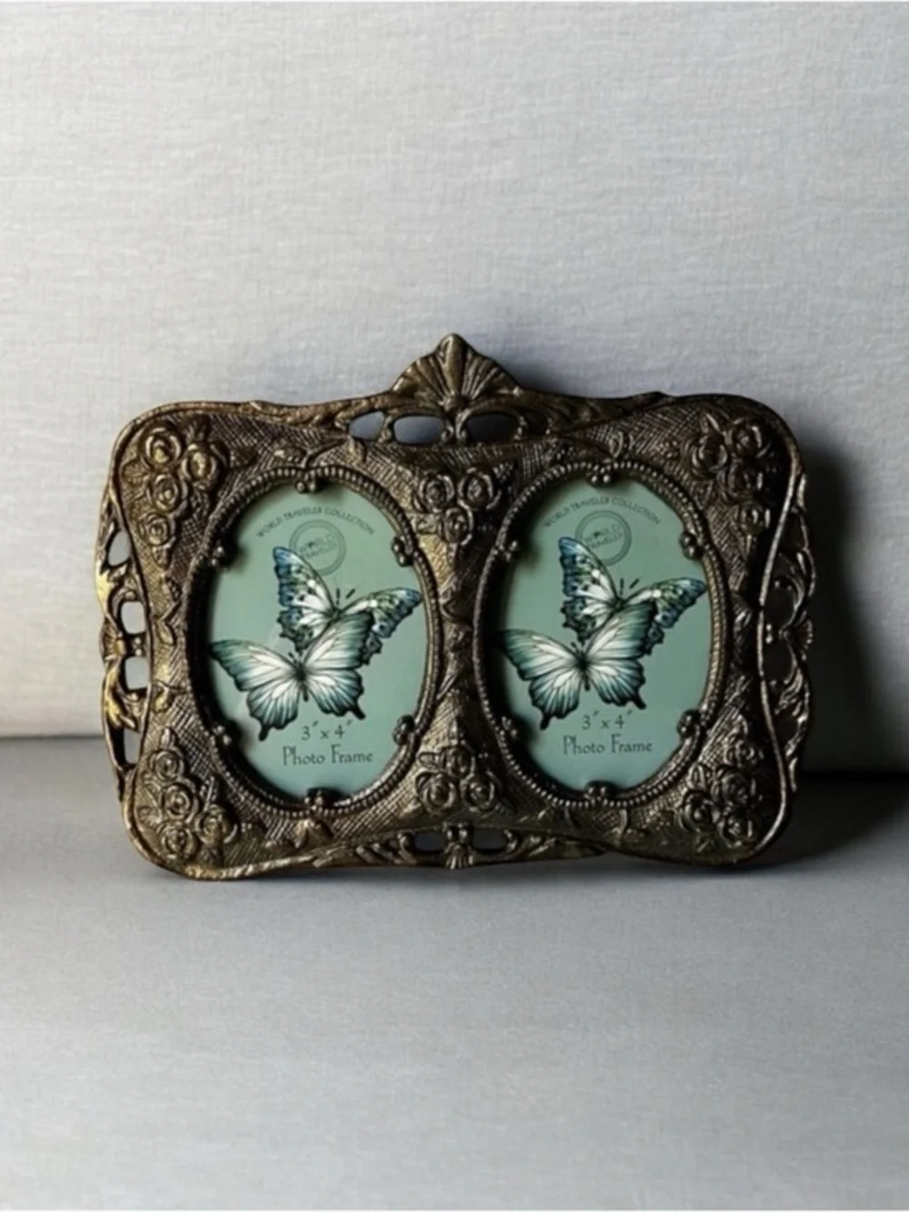Gold ornate Double Photo Frame metal or brass for 3”x4” photo